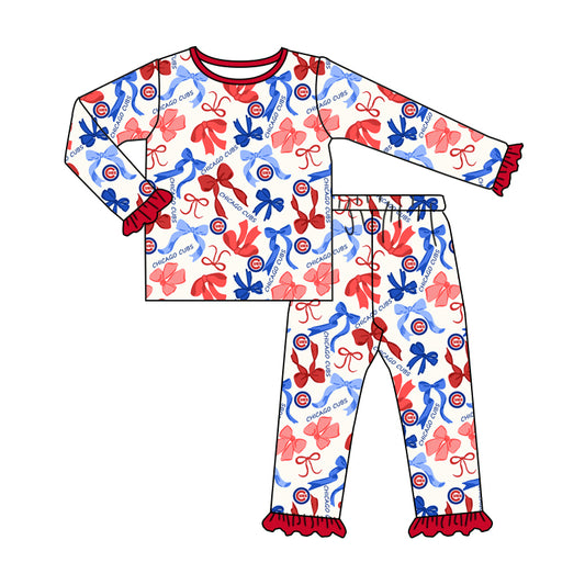 MOQ 3 Long sleeves C red blue bow kids girls team pajamas