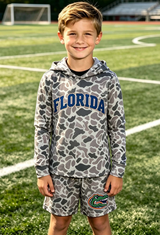 Grey camo hoodie crocodile shorts boys team outfits
