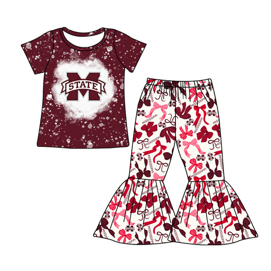 MOQ 3 pcs bleached maroon M top bow pants girls team clothes