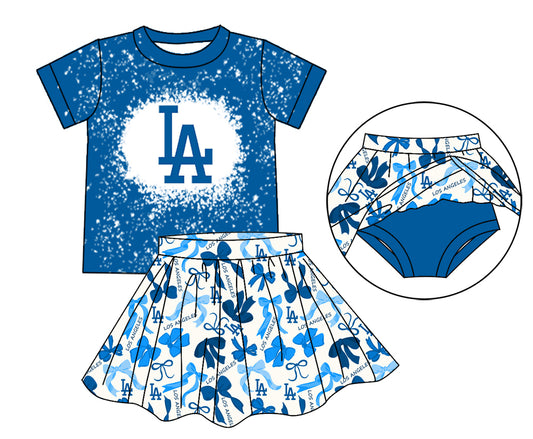MOQ 3 pcs blue L A bleached top bow skirt girls team outfits