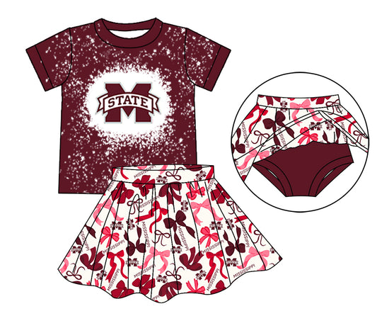 MOQ 3 pcs maroon M bleached top bow skirt girls team outfits