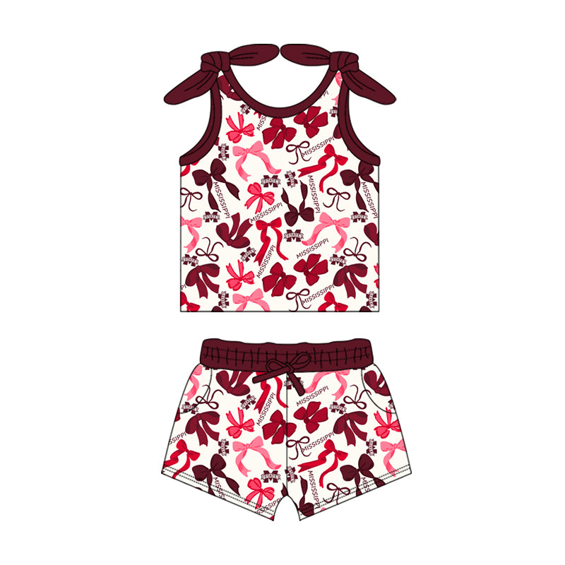 MOQ 3 pcs sleeveless M maroon bow top shorts girls team clothes