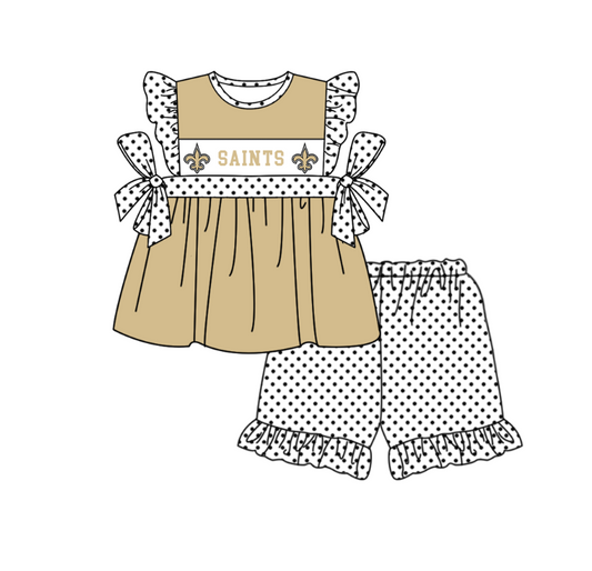 MOQ 5 pcs khaki bow S tunic white polka dots ruffle shorts girls team outfit