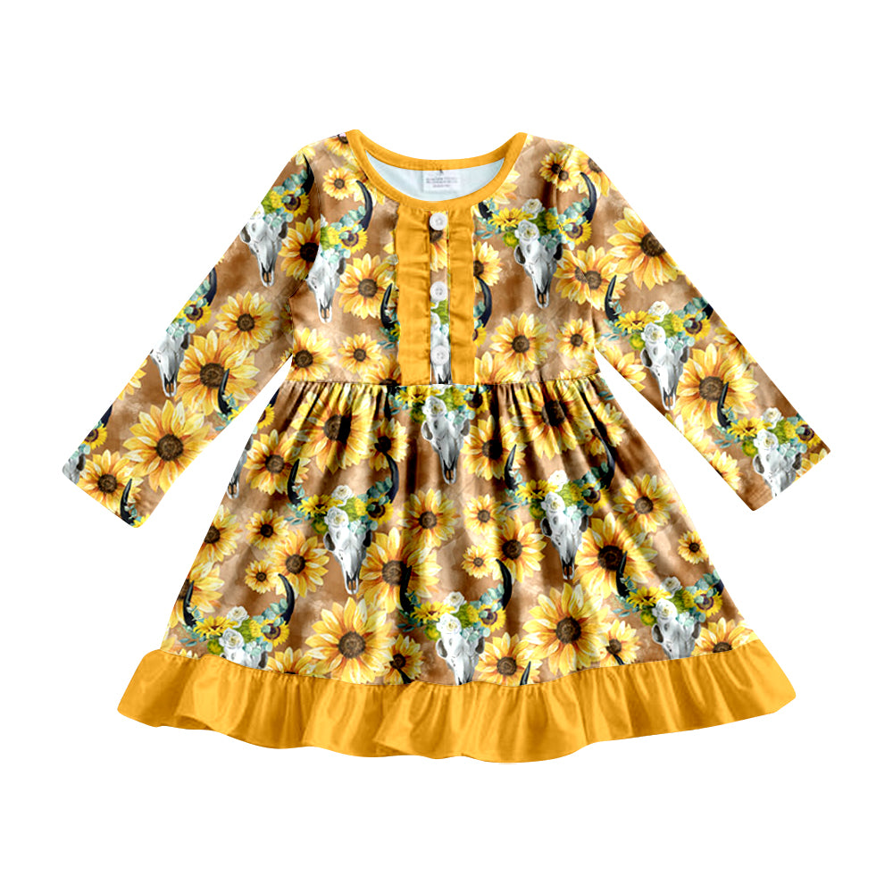 MOQ 5 bull skull sunflower ruffle girls dresses