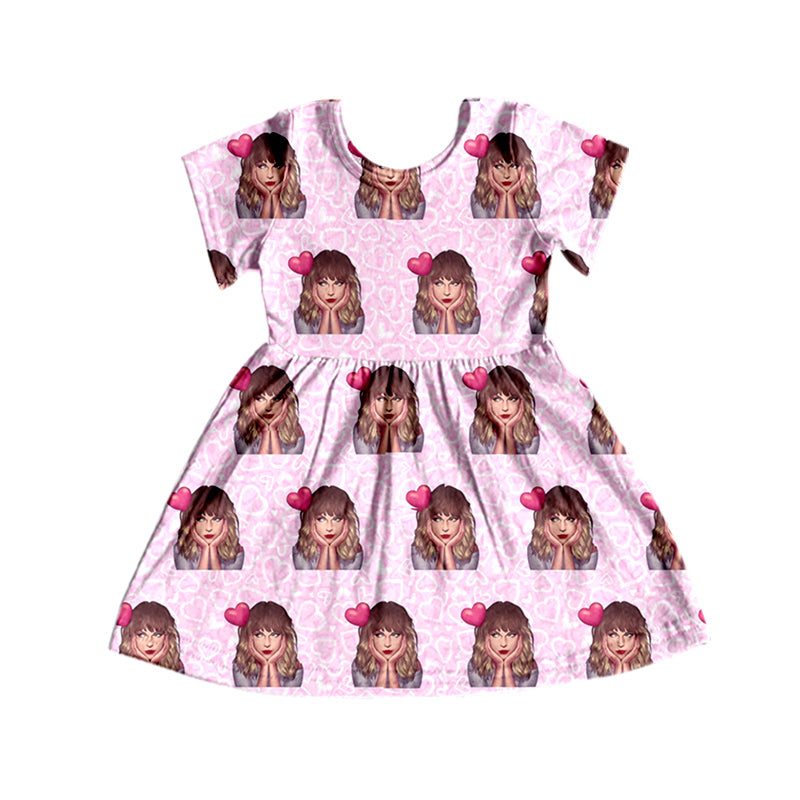 MOQ 3 pcs short sleeves pink heart ears singer girls dress