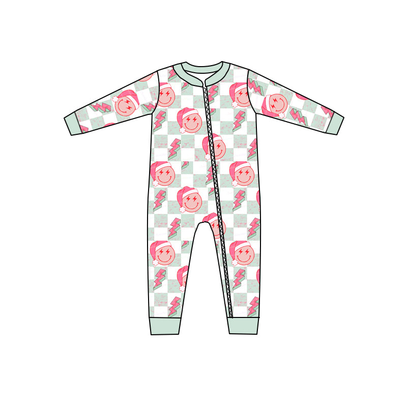 MOQ 5 PCS smile plaid Christmas hat baby kids zipper romper