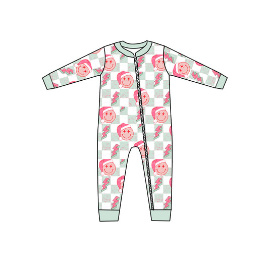 MOQ 5 PCS smile plaid Christmas hat baby kids zipper romper