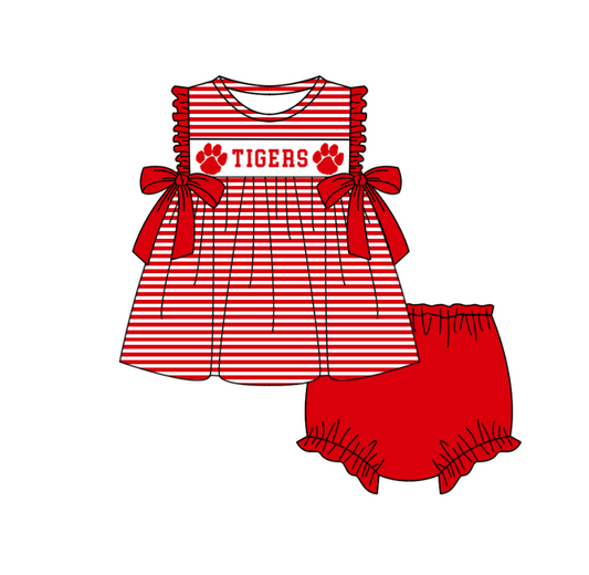 MOQ 5 pcs red stripe T tunic bummies baby girls team set