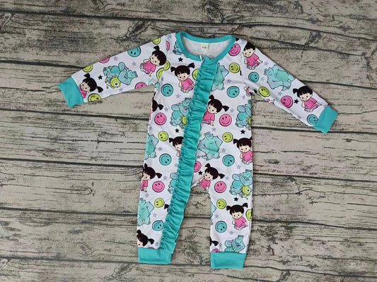 MOQ 3 PCS smile monster ruffle baby girls zipper romper
