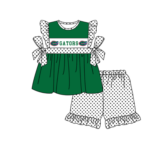MOQ 5 pcs green bow G tunic white polka dots ruffle shorts girls team outfit