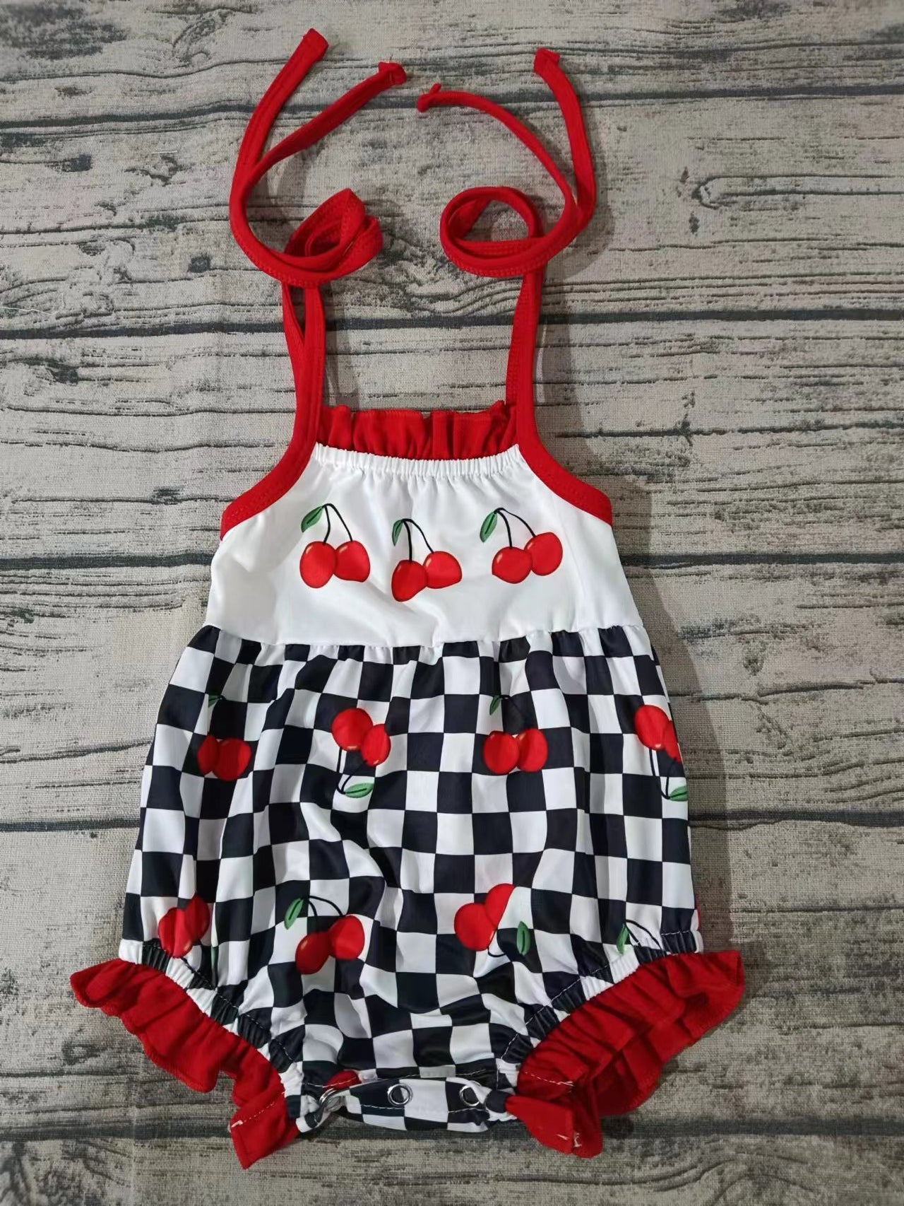 MOQ 3 pcs straps plaid cherry baby girl romper