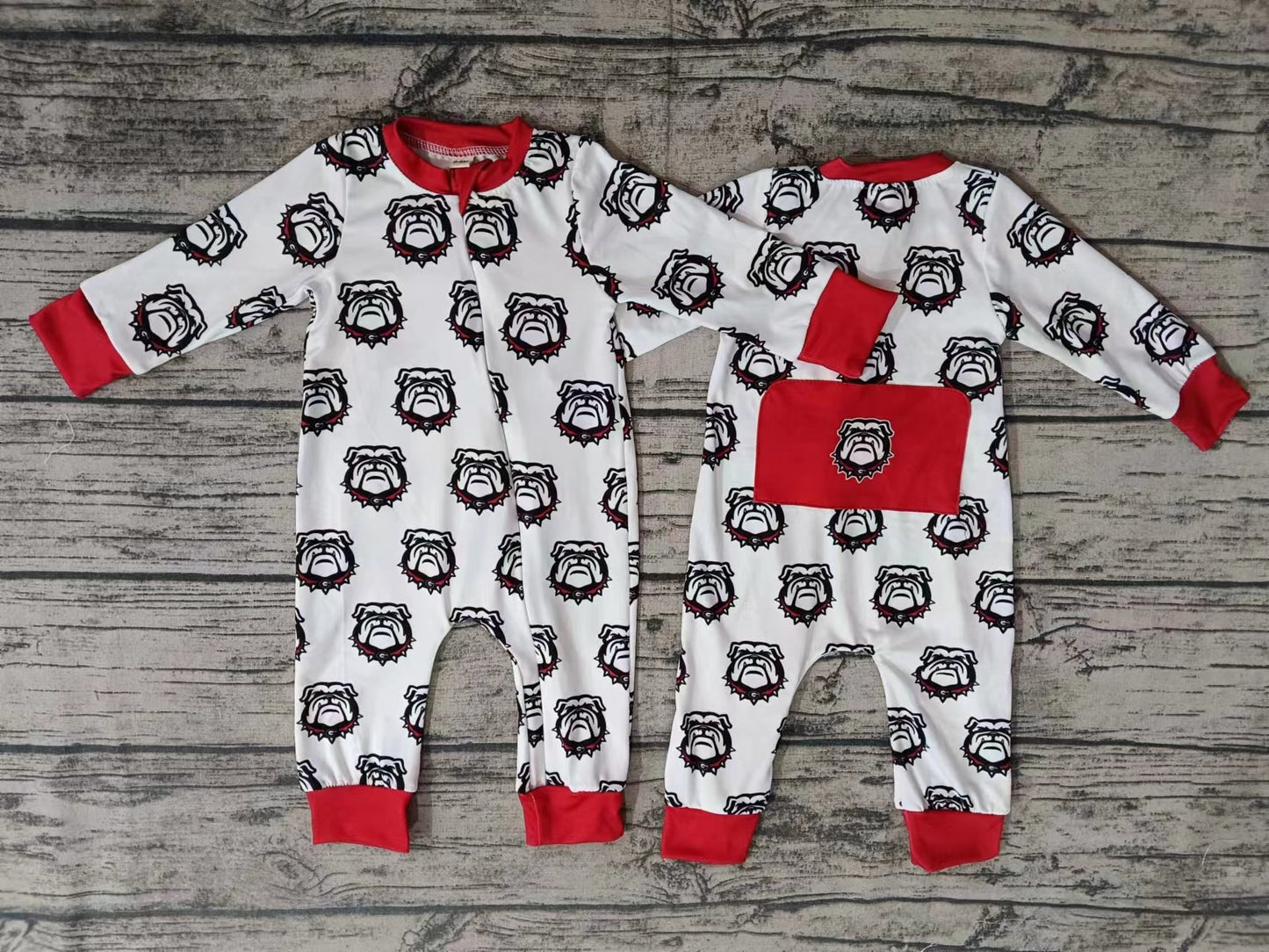 MOQ 3 PCS dog red long sleeves baby kids zipper team romper