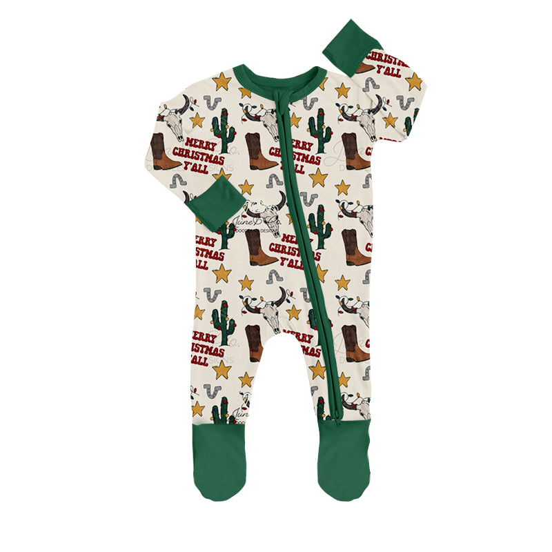 MOQ 5 PCS merry Christmas y'all western baby footed zipper coverall