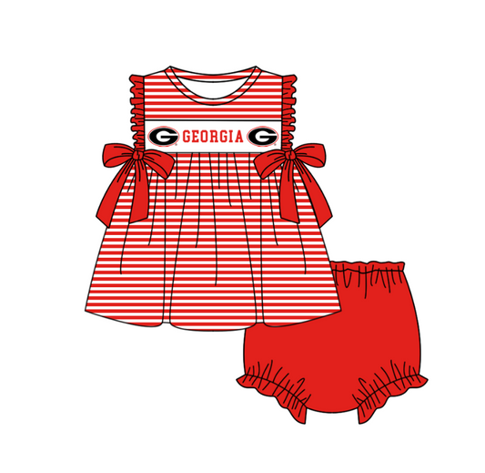 MOQ 5 pcs red stripe G tunic bummies baby girls team set