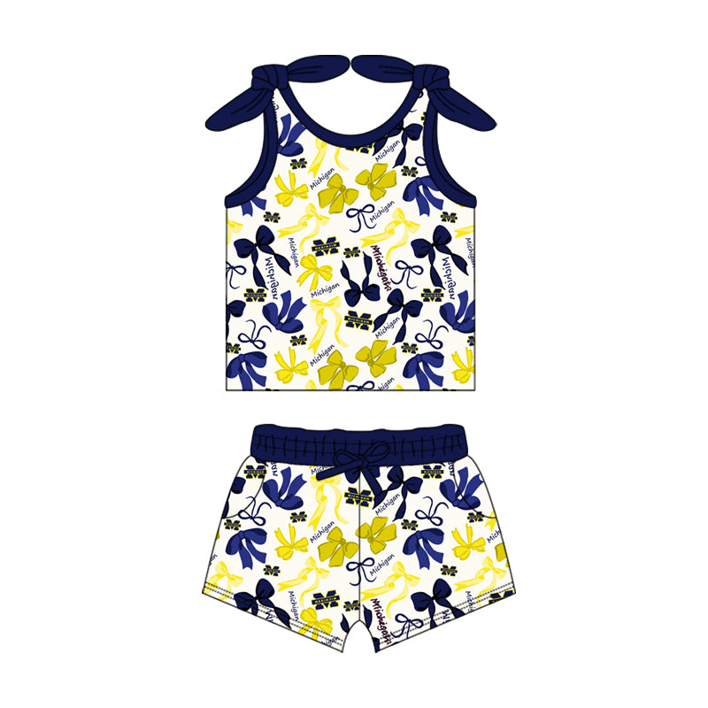 MOQ 3 pcs sleeveless M navy yellow bow top shorts girls team clothes