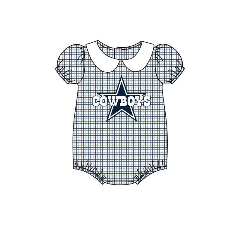 MOQ 3 pcs Blue plaid short sleeves cowboy star girls team romper