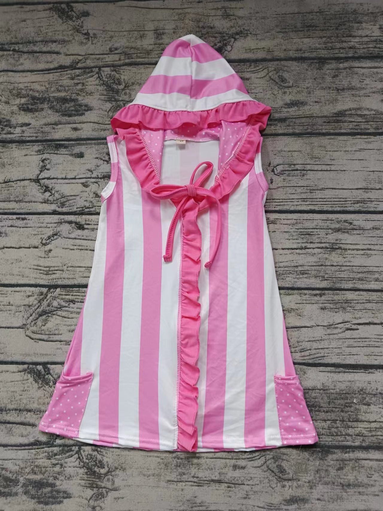 MOQ 3 sleeveless pockets pink stripe girls hooded swimming coverup