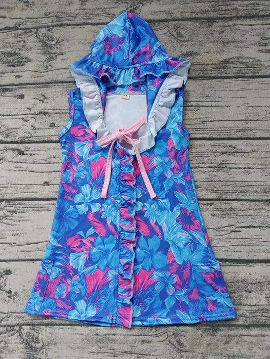 MOQ 3 sleeveless pockets blue floral girls hooded swimming coverup