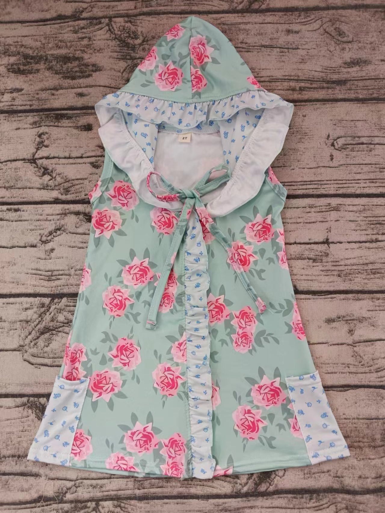 MOQ 3 sleeveless pockets mint floral girls hooded swimming coverup