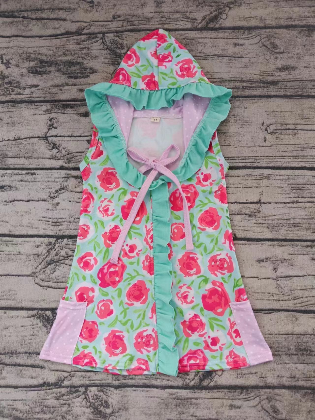 MOQ 3 sleeveless pockets floral girls hooded swimming coverup