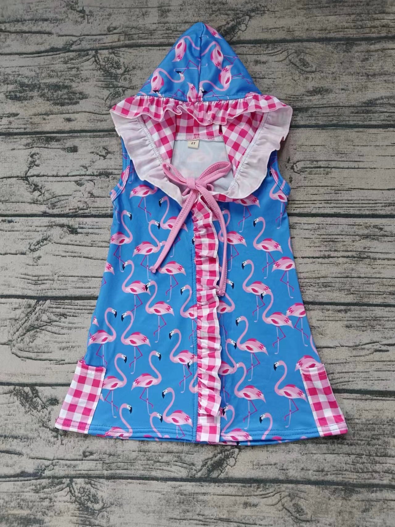 MOQ 3 sleeveless pockets flamingo girls hooded swimming coverup