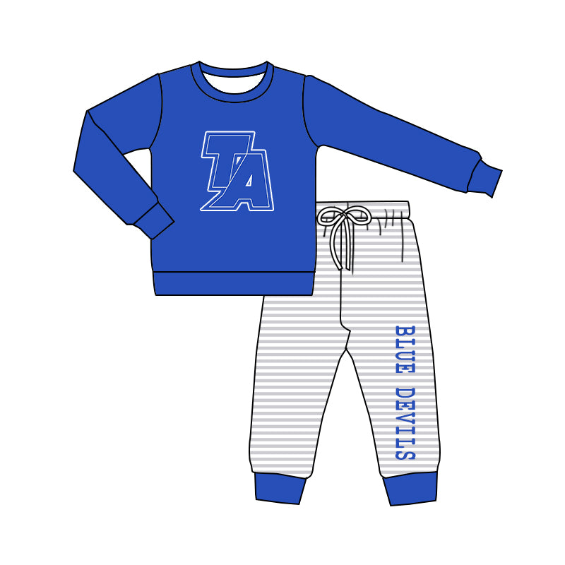 MOQ 3 Blue long sleeves T A top stripe pants kids team outfits