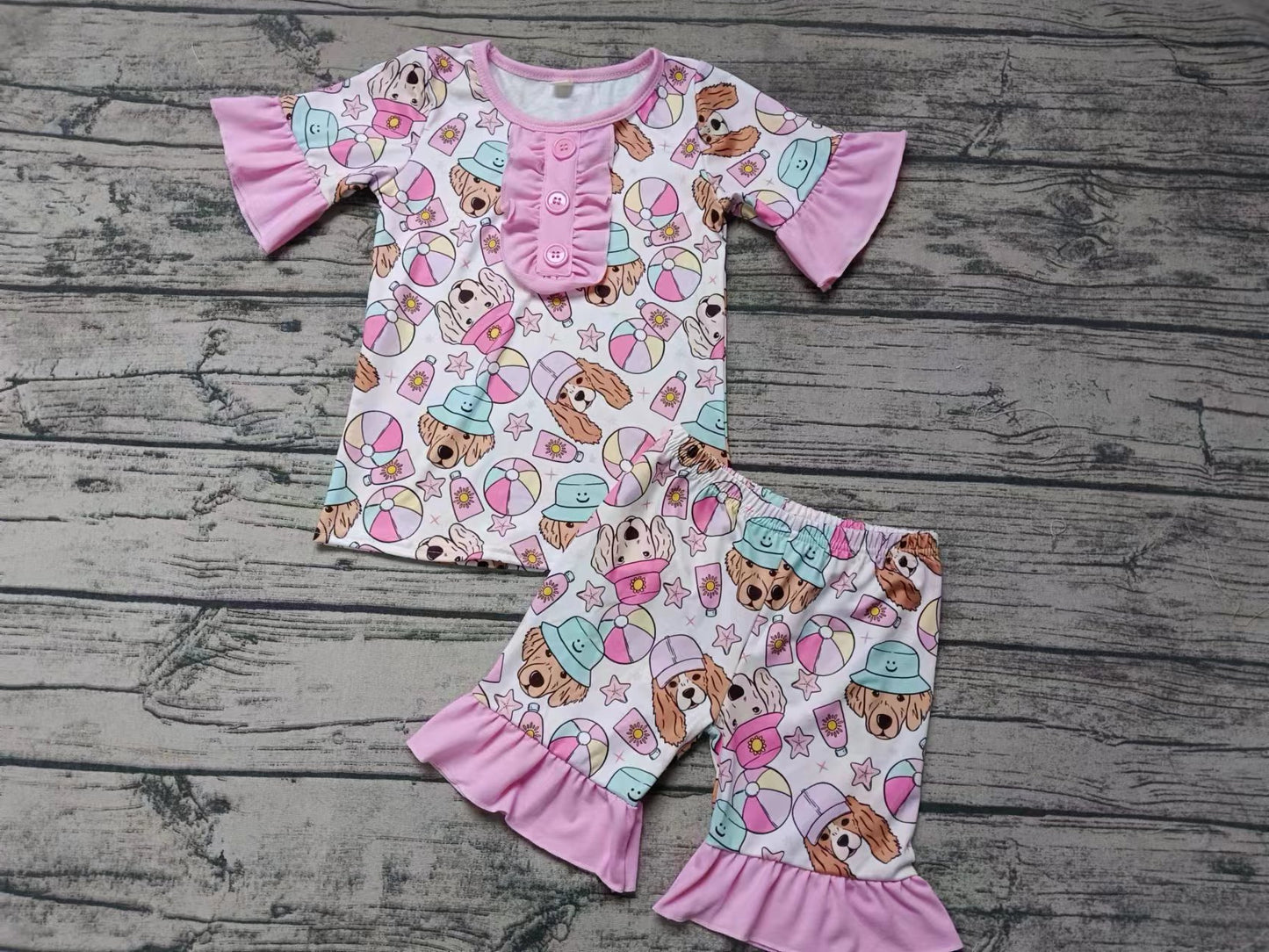 MOQ 3 pcs pink ruffle dog ball girls summer pajamas