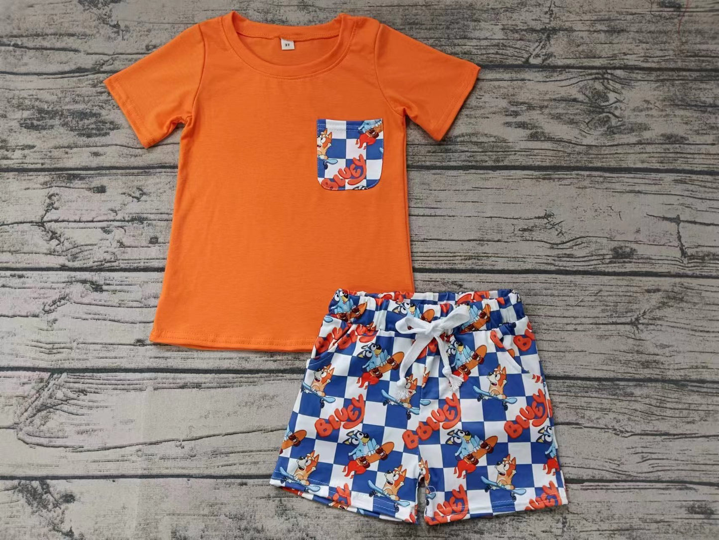 MOQ 3 orange pocket top dog plaid kids boys clothing
