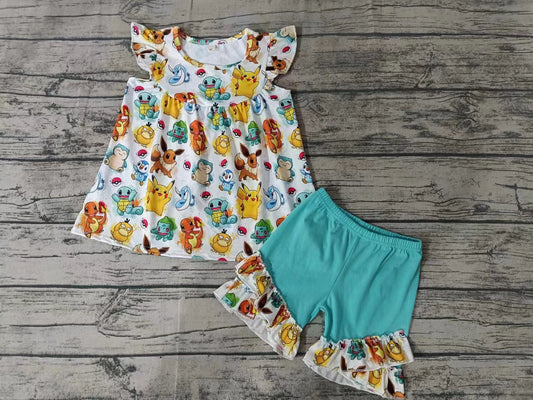 MOQ 3 pcs flutter sleeves squirrel tunic shorts kids girls clothing