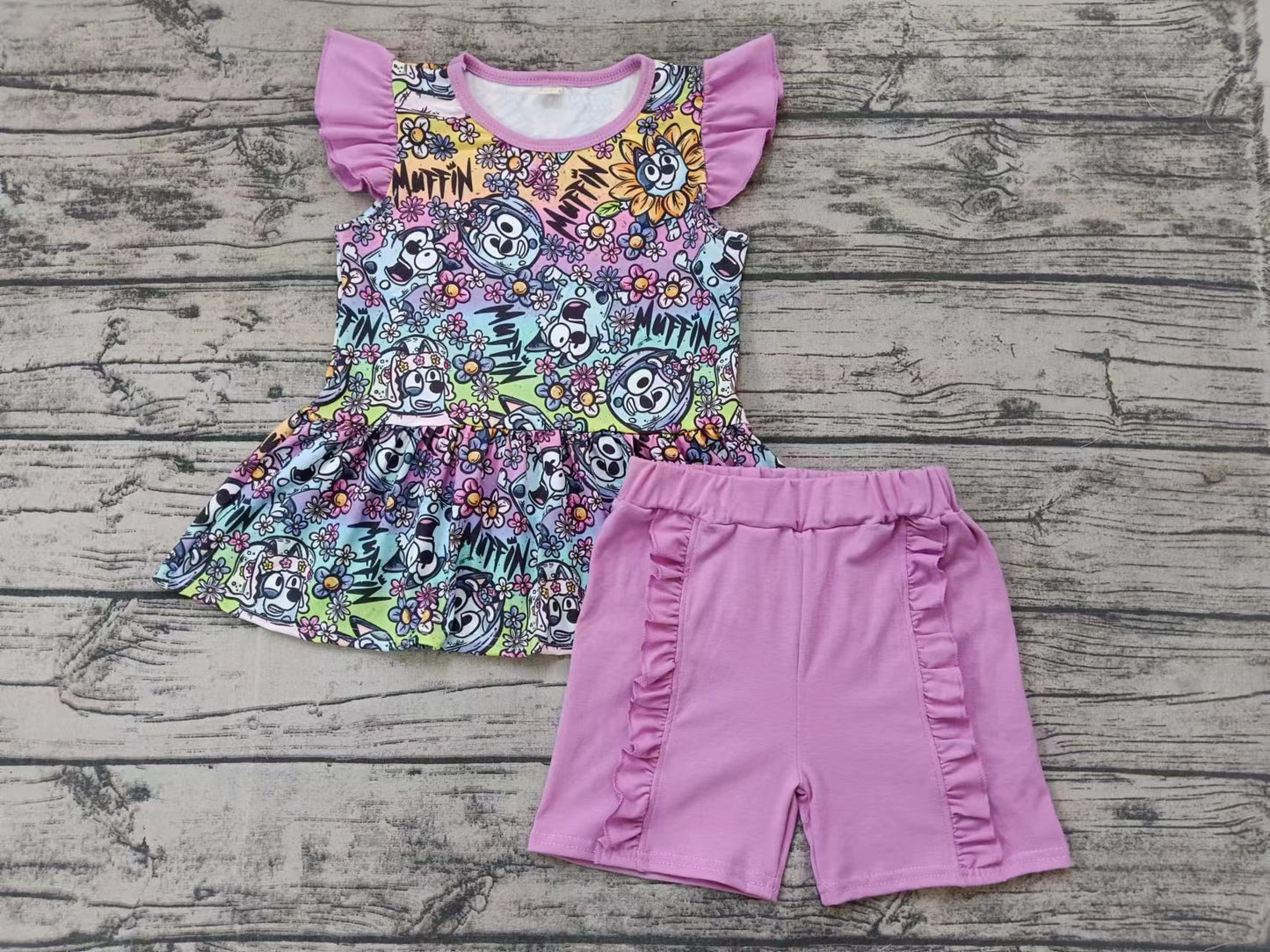 MOQ 3 pcs dog top ruffle lavender shorts girls clothes