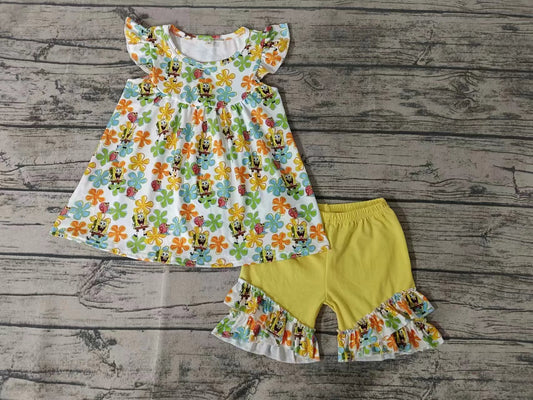 MOQ 3 pcs yellow floral tunic shorts girls summer outfits