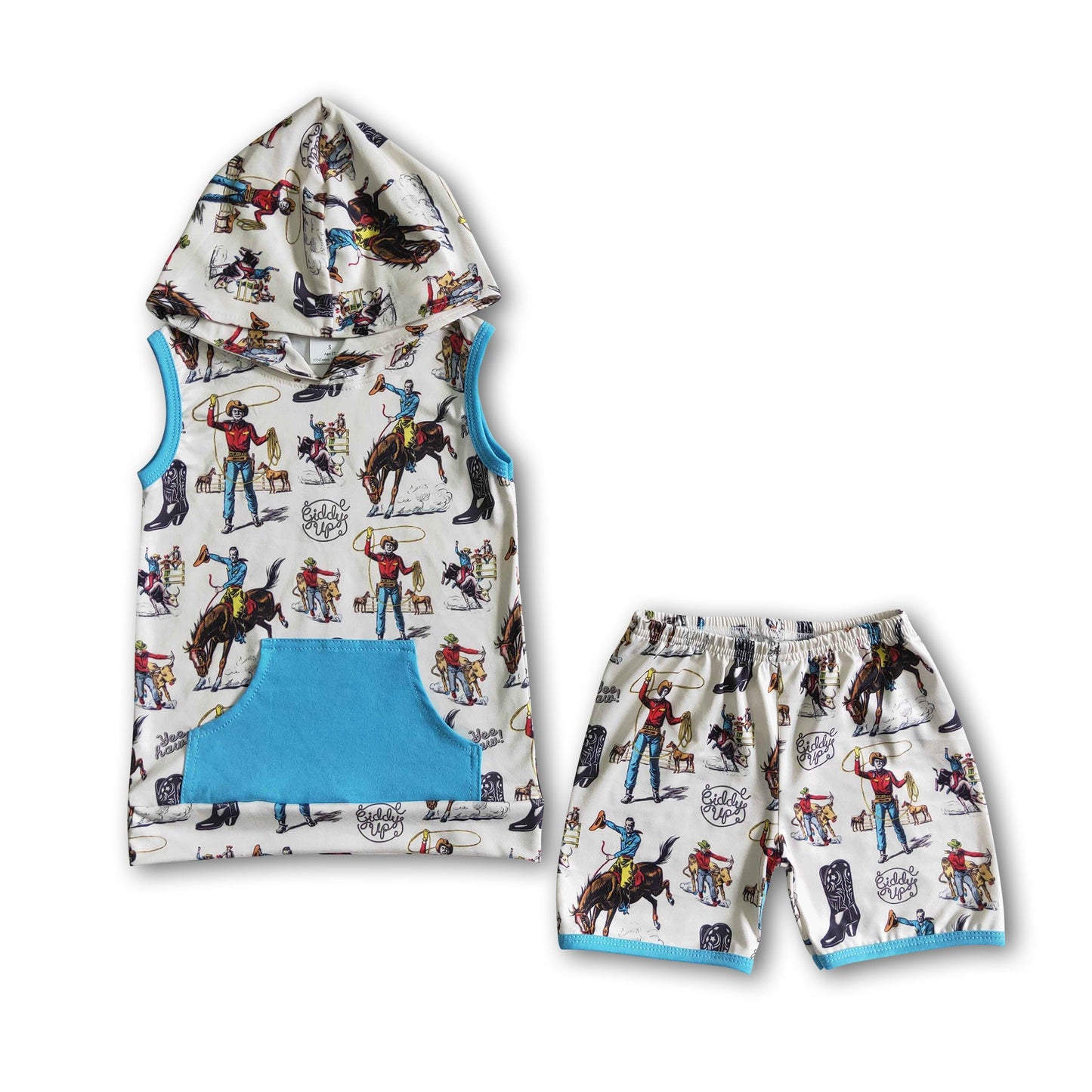 Horse print sleeveless boy rodeo hoodie set