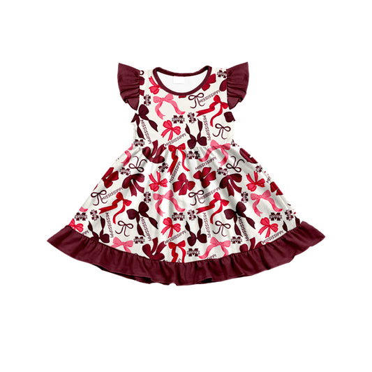 MOQ 3 pcs flutter sleeves M maroon bows girls team dress