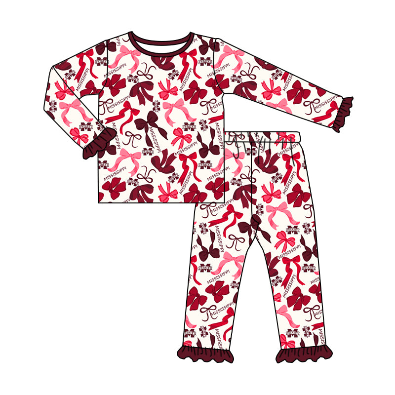 MOQ 3 Long sleeves M maroon bow kids girls team pajamas