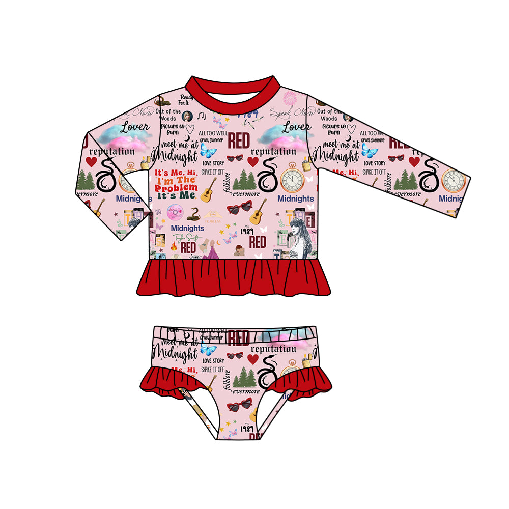 MOQ  3 long sleeves red ruffle sunglasses guitar singer girls swimsuit