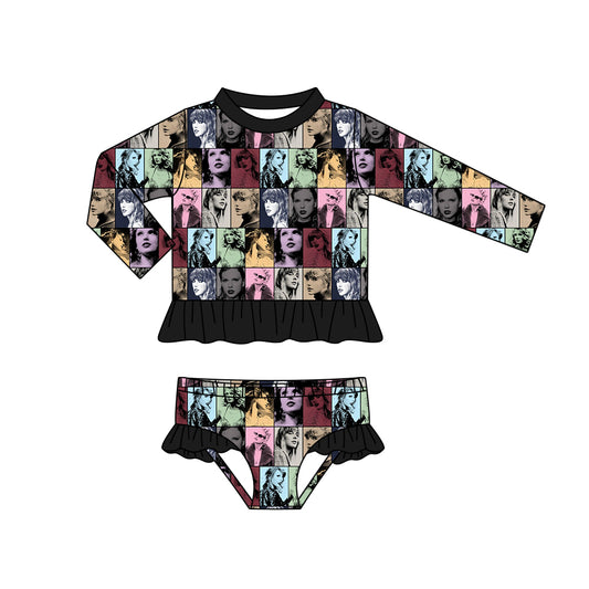MOQ  3 long sleeves ruffle patchwork singer girls swimsuit