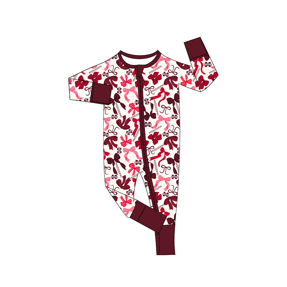 MOQ 3 pcs long sleeves M maroon bows baby team zip romper