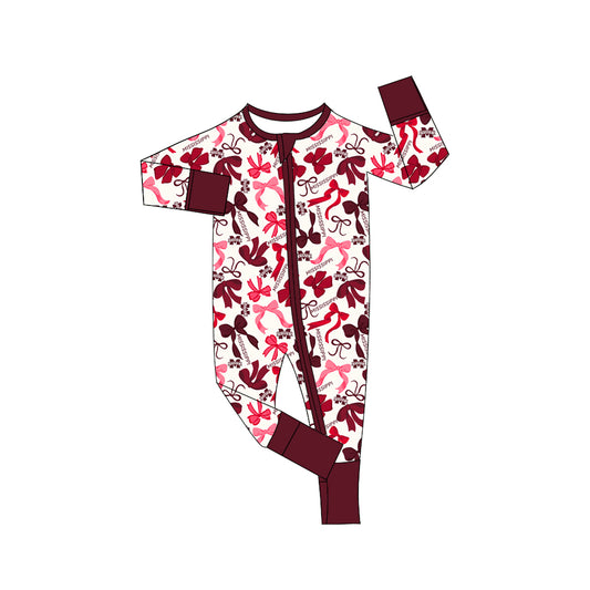 MOQ 3 pcs long sleeves M maroon bows baby team zip romper