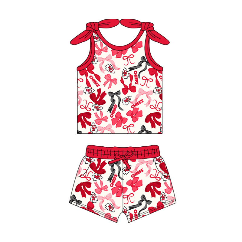 MOQ 3 pcs sleeveless red K C bow top shorts girls team clothes