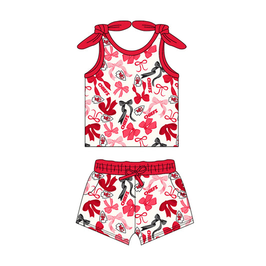 MOQ 3 pcs sleeveless red K C bow top shorts girls team clothes