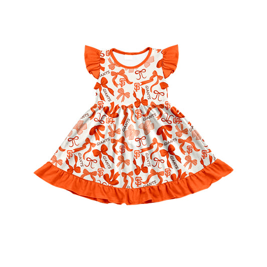 MOQ 3 pcs flutter sleeves S F orange bows girls team dress