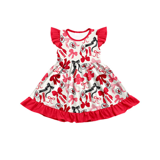 MOQ 3 pcs flutter sleeves K C bows girls team dress