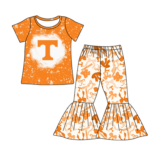 MOQ 3 pcs Bleached yellow T top bow pants kids girls team clothes