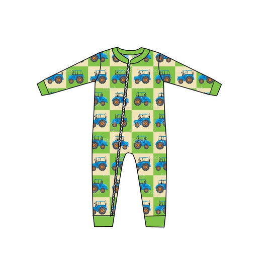 MOQ 5 PCS green blue tractor baby boy zipper romper