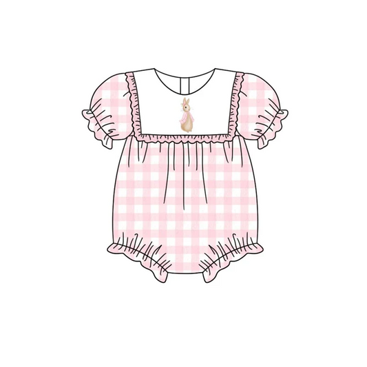 Deadline Jan 27 short sleeves pink plaid rabbit baby girls easter romper