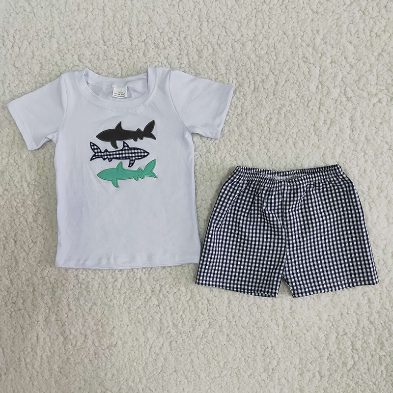 Boy Shark embroidery Plaid Outfit