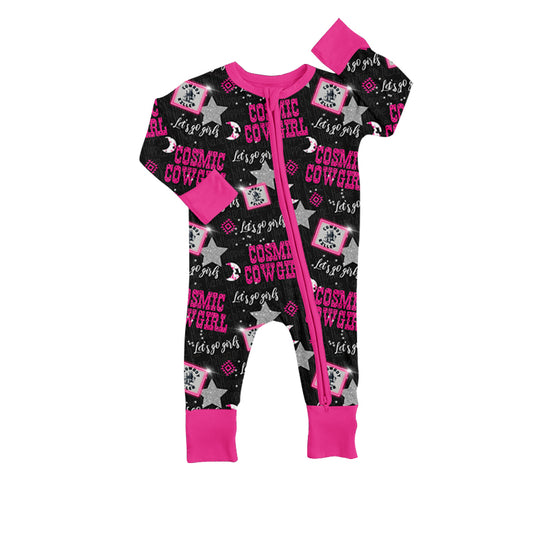 MOQ 5 PCS black hot pink cowgirl baby zipper romper