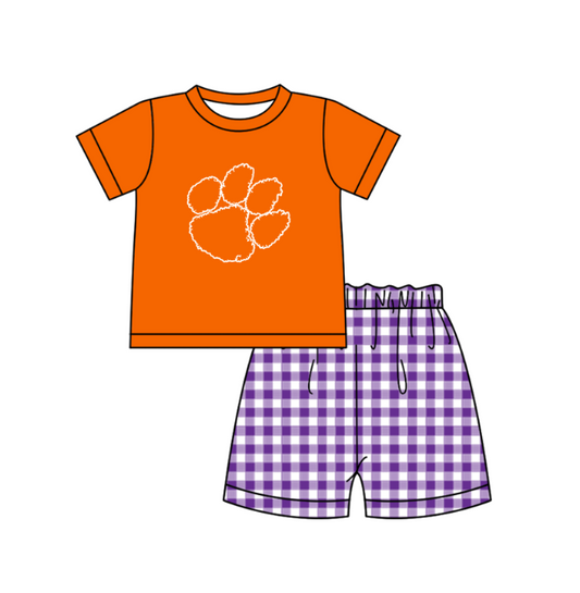 MOQ 5 pcs orange short sleeves top purple plaids shorts boys team outfit