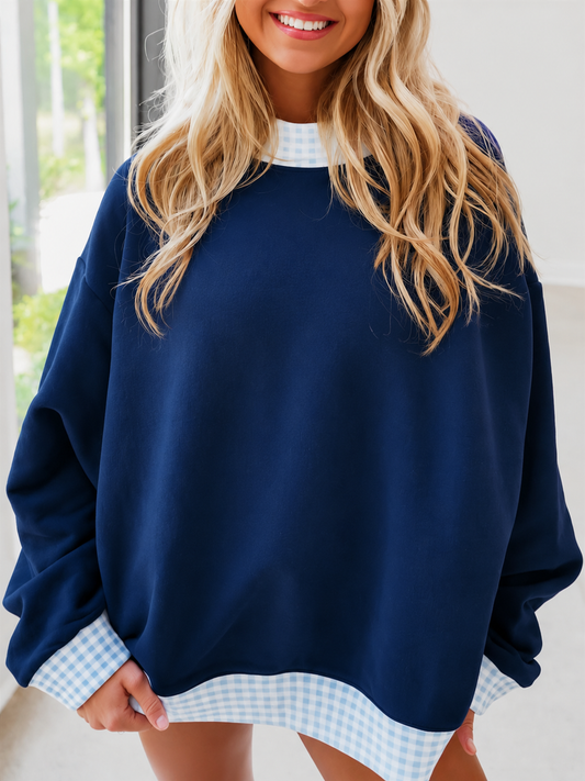 Long sleeves plaid navy adult women sweatshirt