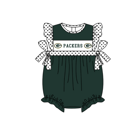 MOQ 5 pcs dark green flying sleeves white polka dots bow G baby girls team romper